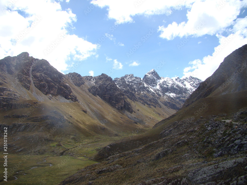 Andes mountains with snow at the top, blue sky with clouds, and green valley with vegetation at the bottom
