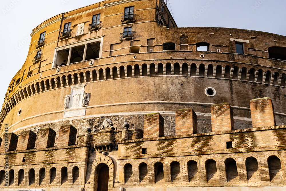 Section of Castel Sant'Angelo (Mausoleum of Hadrian - Castle of the Holy Angel) a towering cylindrical building in Parco Adriano, Rome, Italy