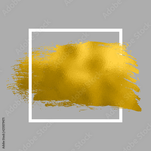 Gold paint in square. Brush strokes for the background of poster. Golden paint glittering textured illustration. Shine gold smear stain – stock vector