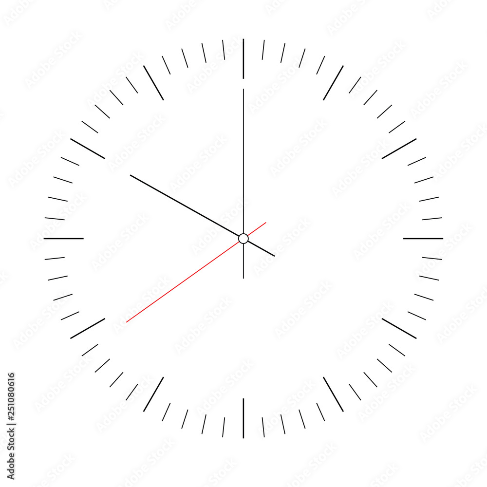 Clock face. Blank hour dial with hour, minute and second hand. Dashes mark minutes and hours. Simple flat vector illustration Clock face. Blank hour dial with hour, minute and second hand. Dashes mark minutes and hours. Simple flat vector illustration