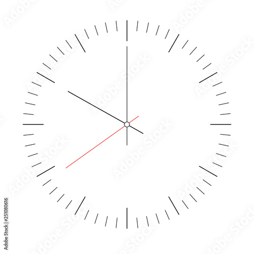 Clock face. Blank hour dial with hour, minute and second hand. Dashes mark minutes and hours. Simple flat vector illustration