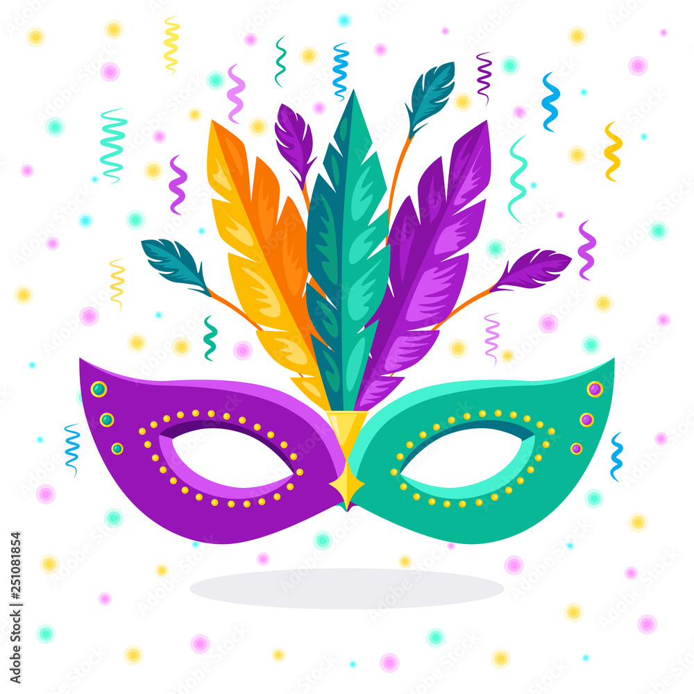 Carnival mask with feathers isolated on white background. Costume accessories for parties. Mardi gras, venice festival concept. Vector cartoon design Carnival mask with feathers isolated on white background. Costume accessories for parties. Mardi gras, venice festival concept. Vector cartoon design