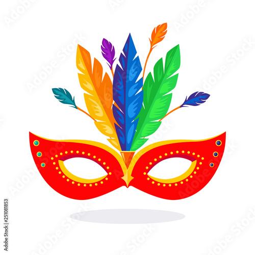 Carnival mask with feathers isolated on white background. Costume accessories for parties. Mardi gras, venice festival concept. Vector cartoon design