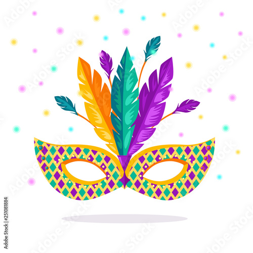 Carnival mask with feathers isolated on white background. Costume accessories for parties. Mardi gras, venice festival concept. Vector cartoon design