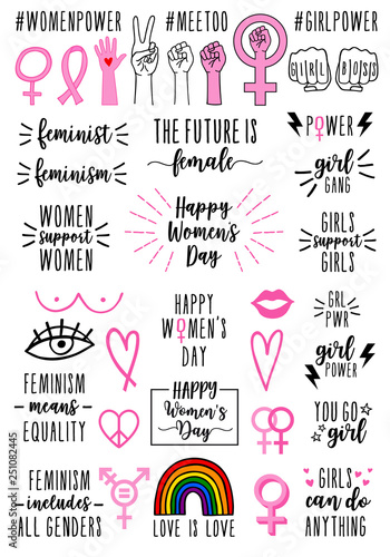 hand drawn feminist signs and quotes, vector set