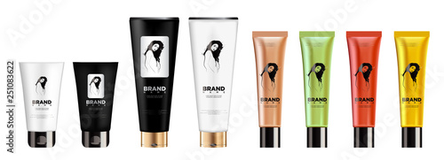Set of blank template of realistic containers for cosmetic products. Realistic tubes for gel, care cream or essence. With a label depicting a beautiful girl. Isolated vector illustration.