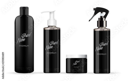 Realistic black cosmetic set mockup with white and black lid. With a label. 