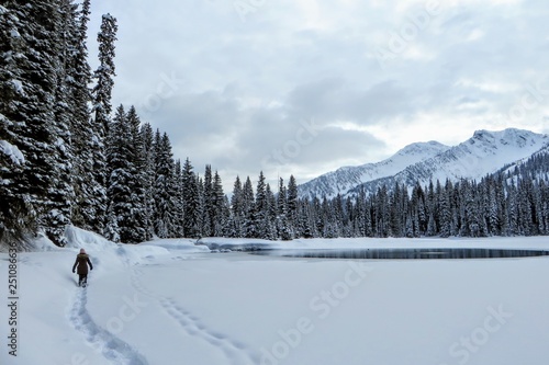 A young woman snowshoeing around Island Lake in Fernie, British Columbia, Canada.  The majestic winter background is an absolutely beautiful place to go hiking or snowshoeing with fresh fallen snow.