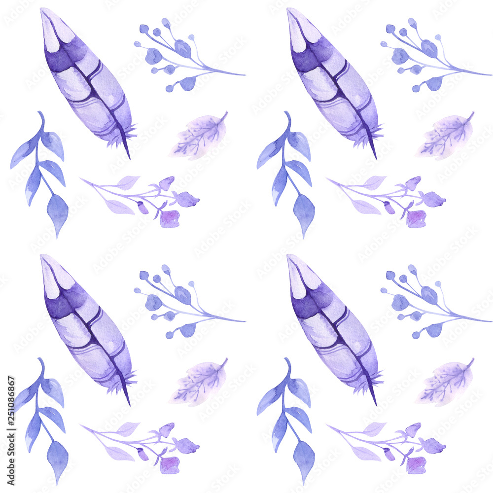 Seamless pattern with plant elements of flowers, leaves, branches and feathers. Spring and tenderness. Seamless pattern with plant elements of flowers, leaves, branches and feathers. Spring and tenderness.