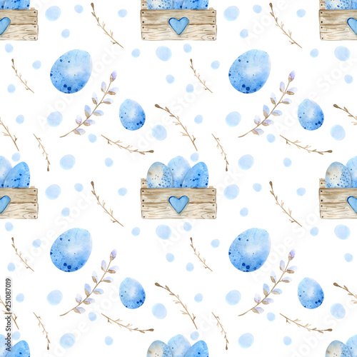 Seamless pattern. Easter eggs, blue watercolor eggs, background white speckled. photo