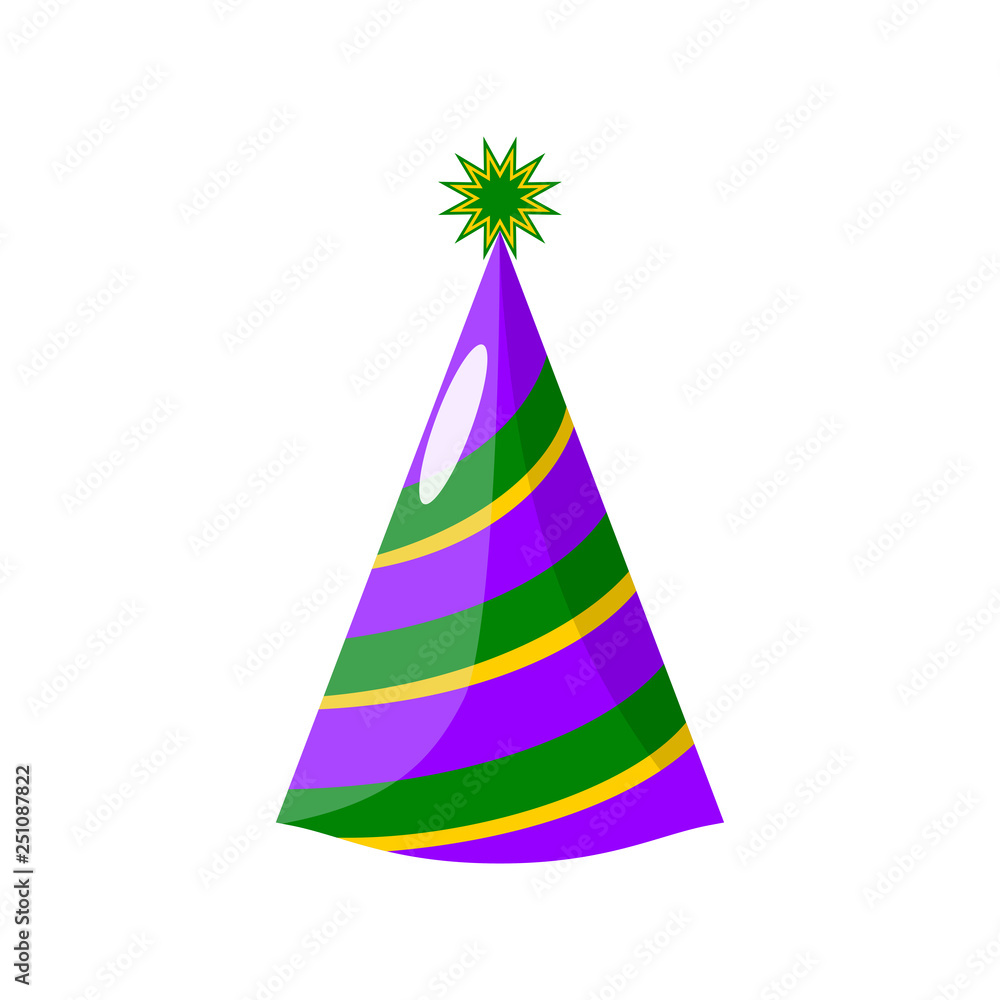Birthday party hat isolated on white background. Carnival festive cap for celebration holiday. Happy new year, christmas concept. Vector cartoon design Birthday party hat isolated on white background. Carnival festive cap for celebration holiday. Happy new year, christmas concept. Vector cartoon design