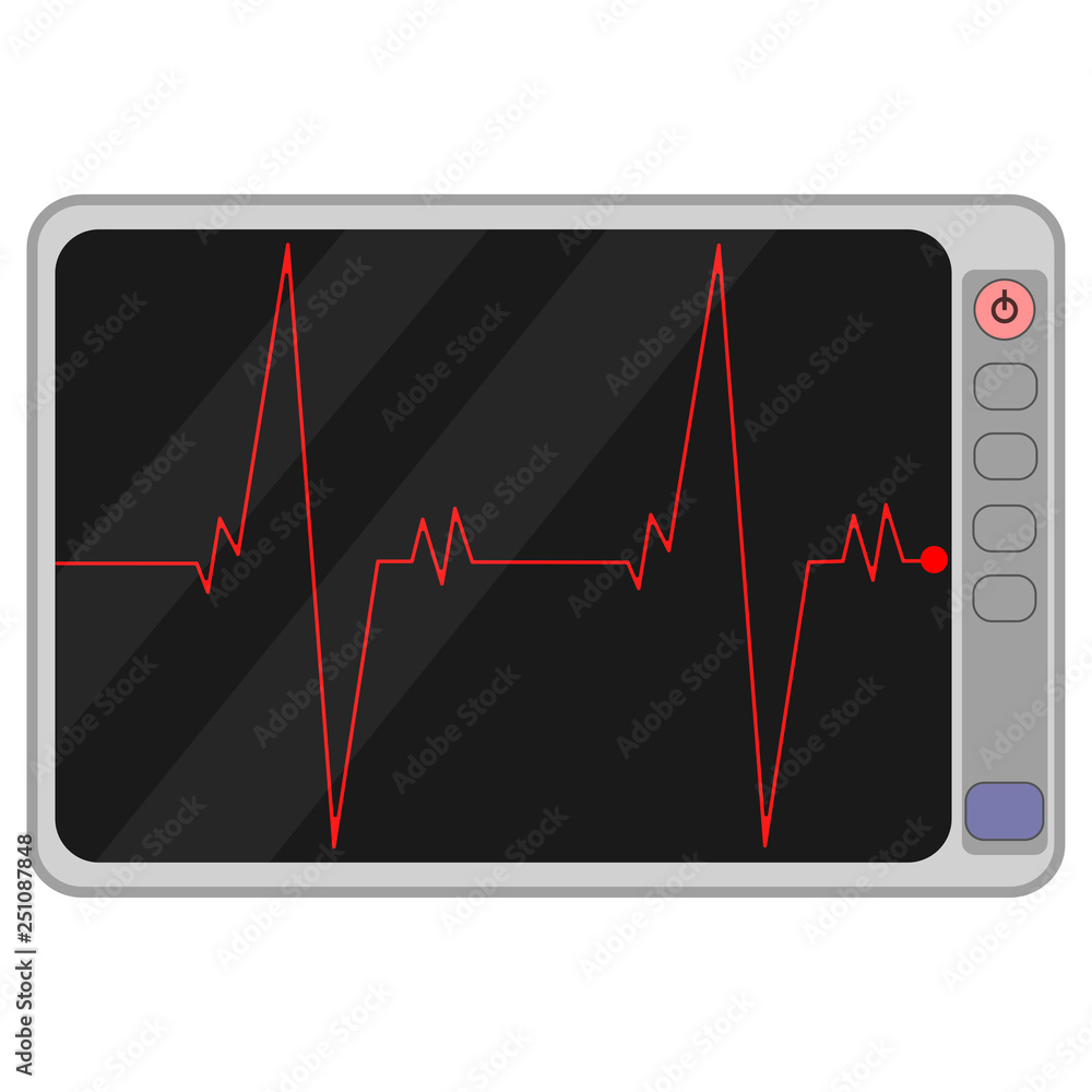 Cardio monitoring system isolated on black background. Heart pulse, signal. Heartbeat, electrocardiogram line. Cardiology medical chart. Vector flat illustration. Cardio monitoring system isolated on black background. Heart pulse, signal. Heartbeat, electrocardiogram line. Cardiology medical chart. Vector flat illustration.