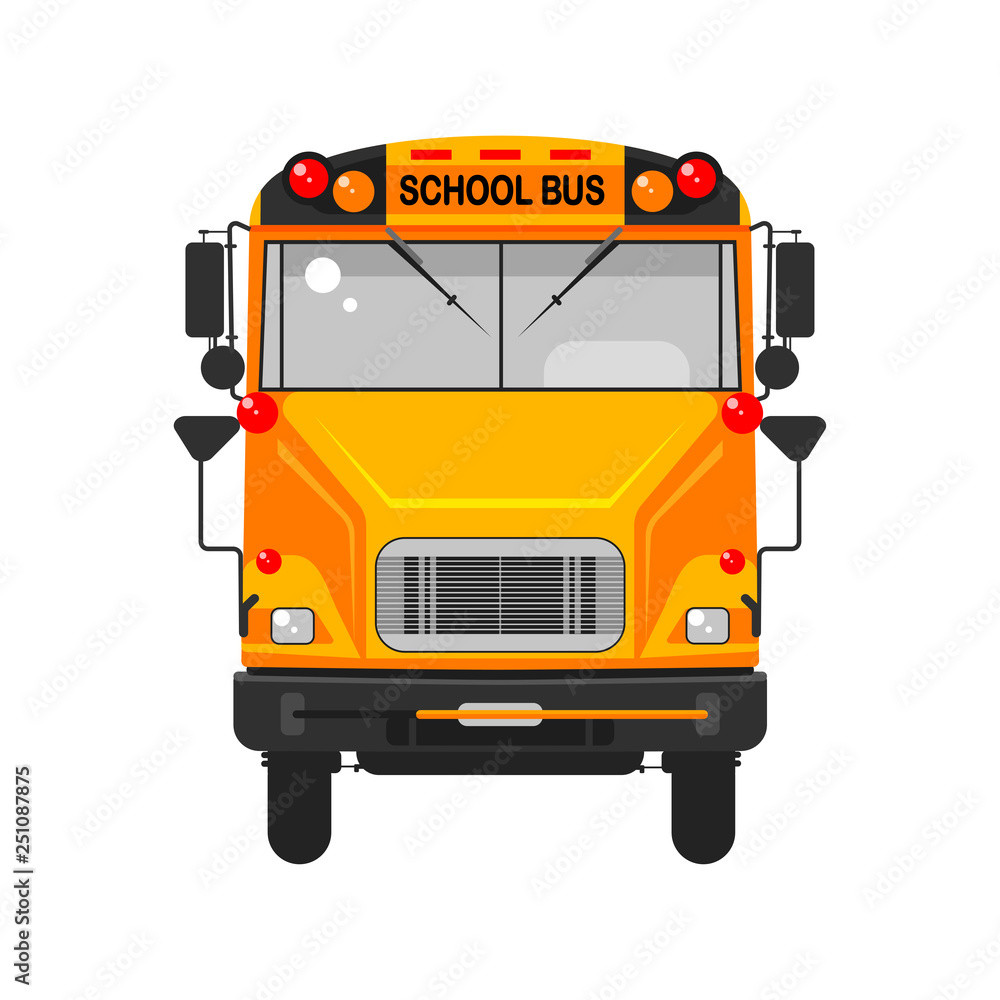 Yellow school bus in front view isolated on white background. Education, teaching concept. Vector flat cartoon design
