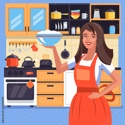 Happy smiling woman housewife character cooking dinner lunch and holding dish plate. Home life style concept. Vector design graphic isolated illustration