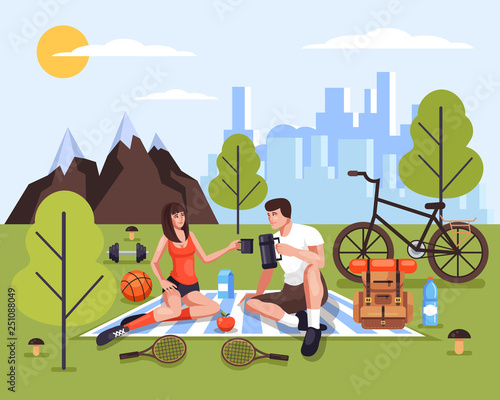 Two people man and woman couple tourists characters relaxing in nature park. Tourism travel adventure sport picnic weekend concept. Vector design graphic isolated illustration