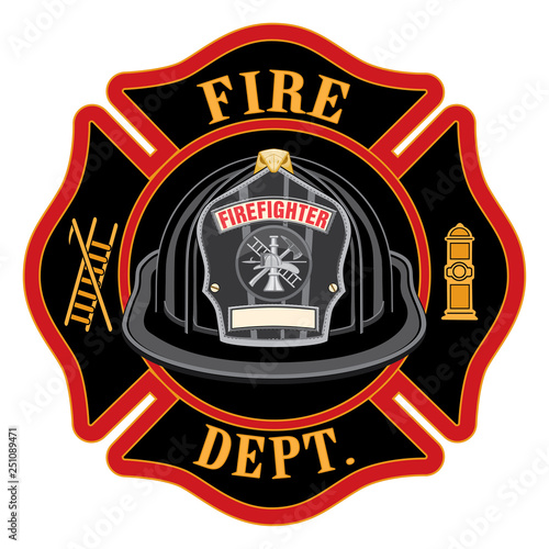Fire Department Cross Black Helmet is an illustration of a fireman or firefighter Maltese cross emblem with a black firefighter helmet and badge containing an empty space for your text.