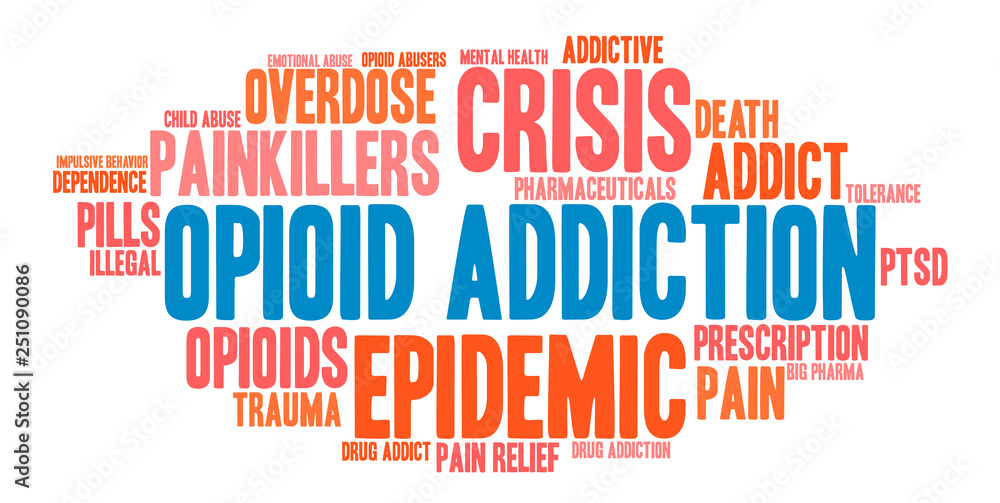 Opioid Addiction Word Cloud on a white background. Opioid Addiction Word Cloud on a white background.