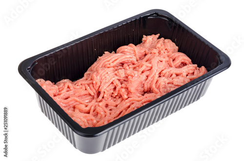 Minced meat in black plastic container