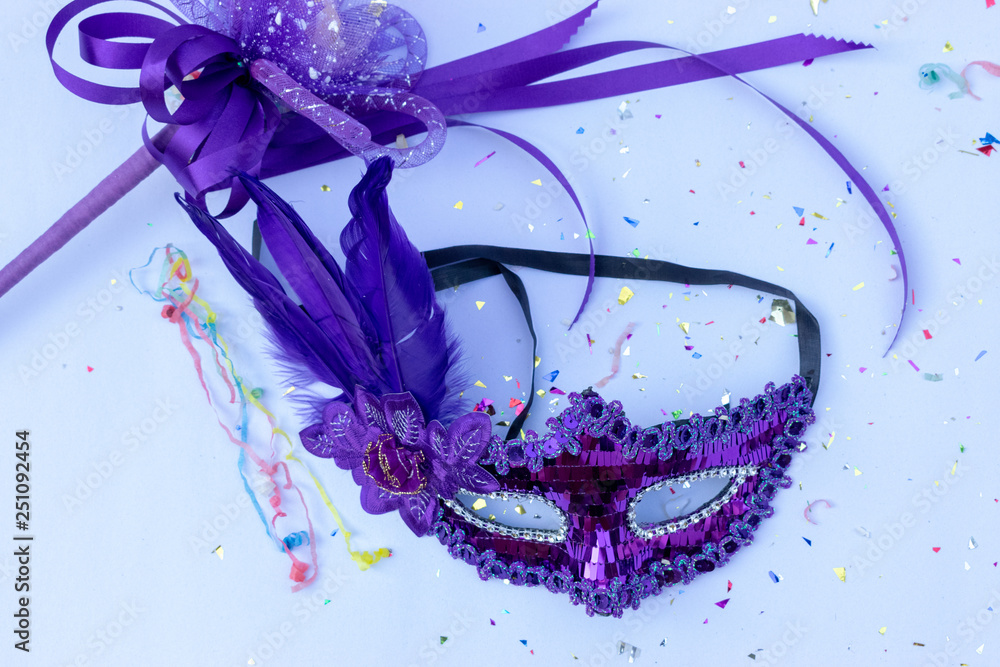 Fototapeta premium Carnival mask on white background. Top view.