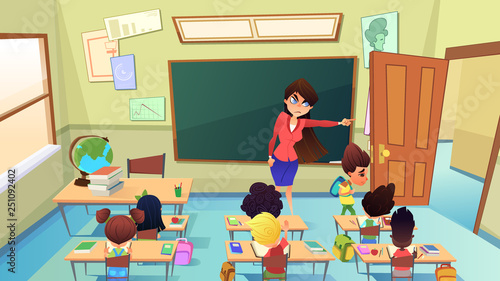 Teacher Excluding Pupil from Class Cartoon Vector