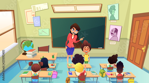 Teacher Scolding Pupil in Class Cartoon Vector