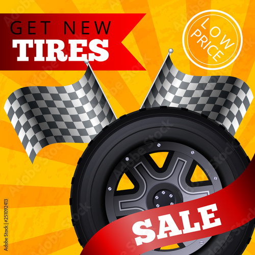 Flat Banner Vector Get New Tires Sale Low Price. photo