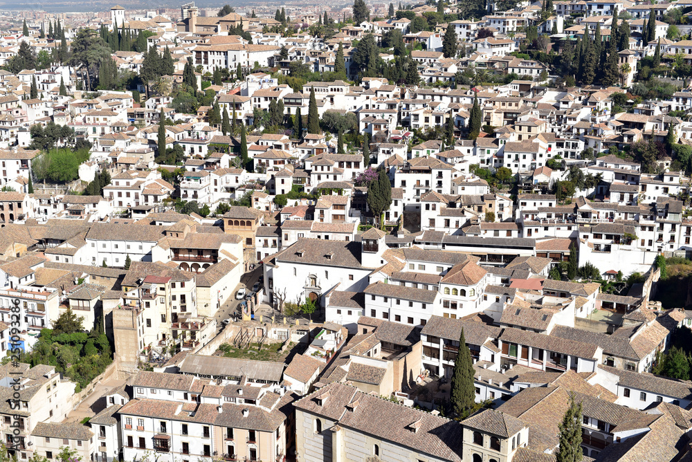 Aerial view of Albayzin (Albaicin) old moorish quarter. Granada, Andalusia, Spain