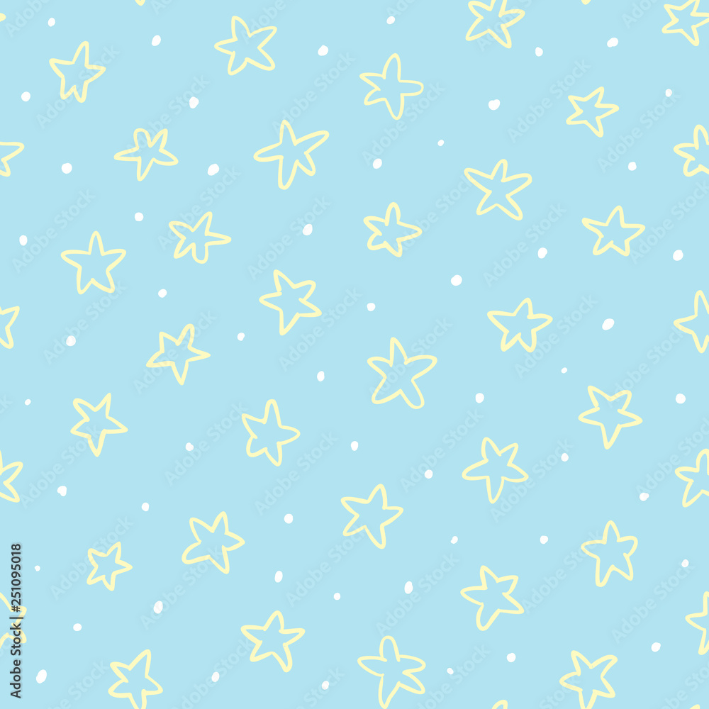 Simple and cute hand-drawn seamless stars background for children's  bedroom, baby nursery, baby clothes, wrapping paper. Yellow stars on the  blue backdrop background. Vector Illustration. Stock Vector | Adobe Stock