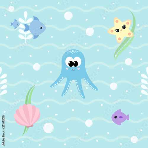 Marine seamless pattern with cute baby sea animals. Ocean background with smiling baby octopus, starfish, seashell, fishes, bubbles. Children's room wallpaper, wrapping paper. Vector Illustration.