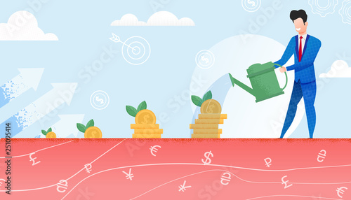 Businessman Watering Income. Money Begin Grow.
