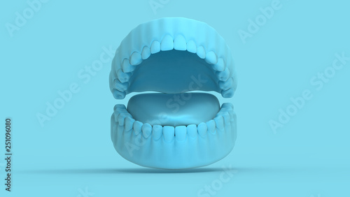 Tooth and gum 3d mold open on pastel blue template BG photo