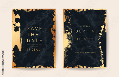 Marble wedding invitation cards with indigo and gold texture background - vector.