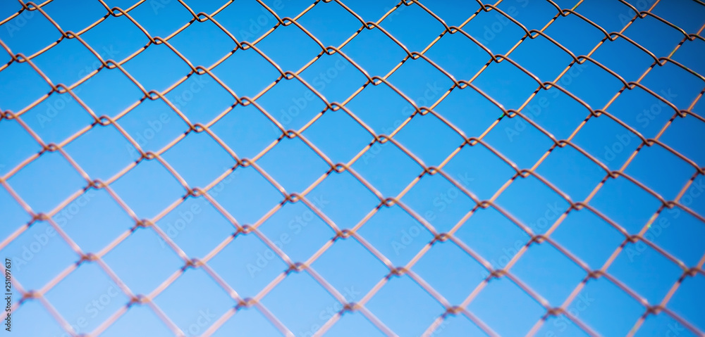 Fototapeta premium The wattled metal gauze of a fencing against the background of the blue sky