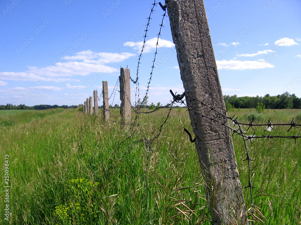 Green field of grass surrounded by concrete pillars, old barbed wire fence dangerous territory are out of bounds Green field of grass surrounded by concrete pillars, old barbed wire fence dangerous territory are out of bounds