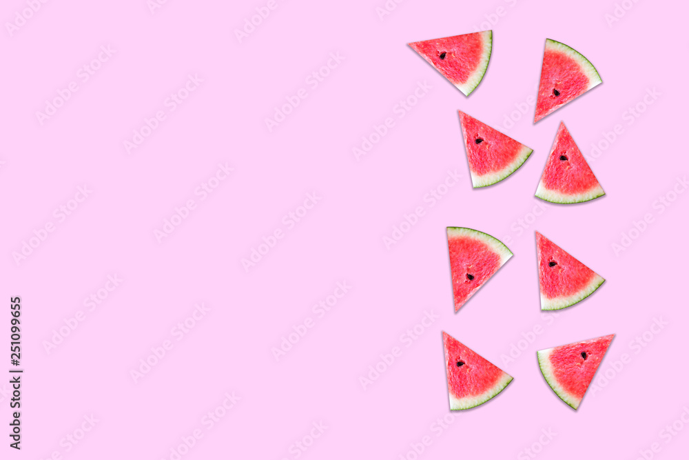 Slices of sweet fruit watermelon isolated on pink background , Pastel color . Slices of sweet fruit watermelon isolated on pink background , Pastel color .