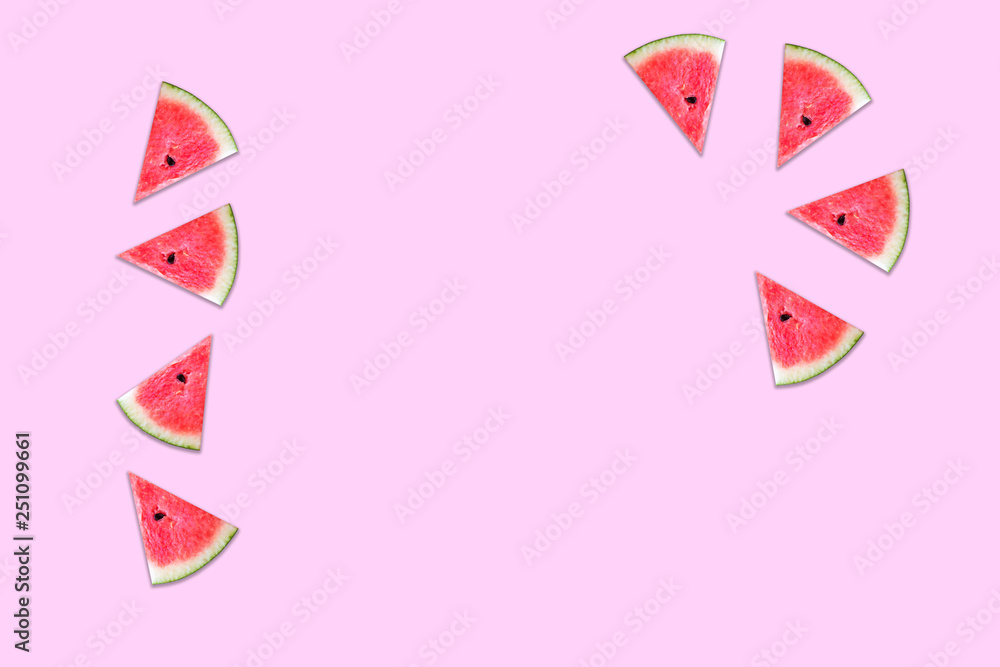 Slices of sweet fruit watermelon isolated on pink background , Pastel color . Slices of sweet fruit watermelon isolated on pink background , Pastel color .