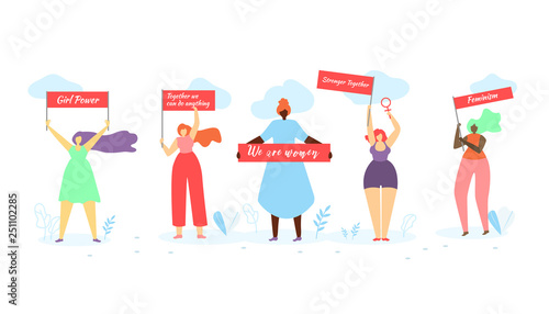 Multiracial Women Standing in Row with Banners