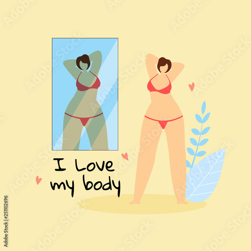 I Love My Body. Plus Size Woman Look at Mirror