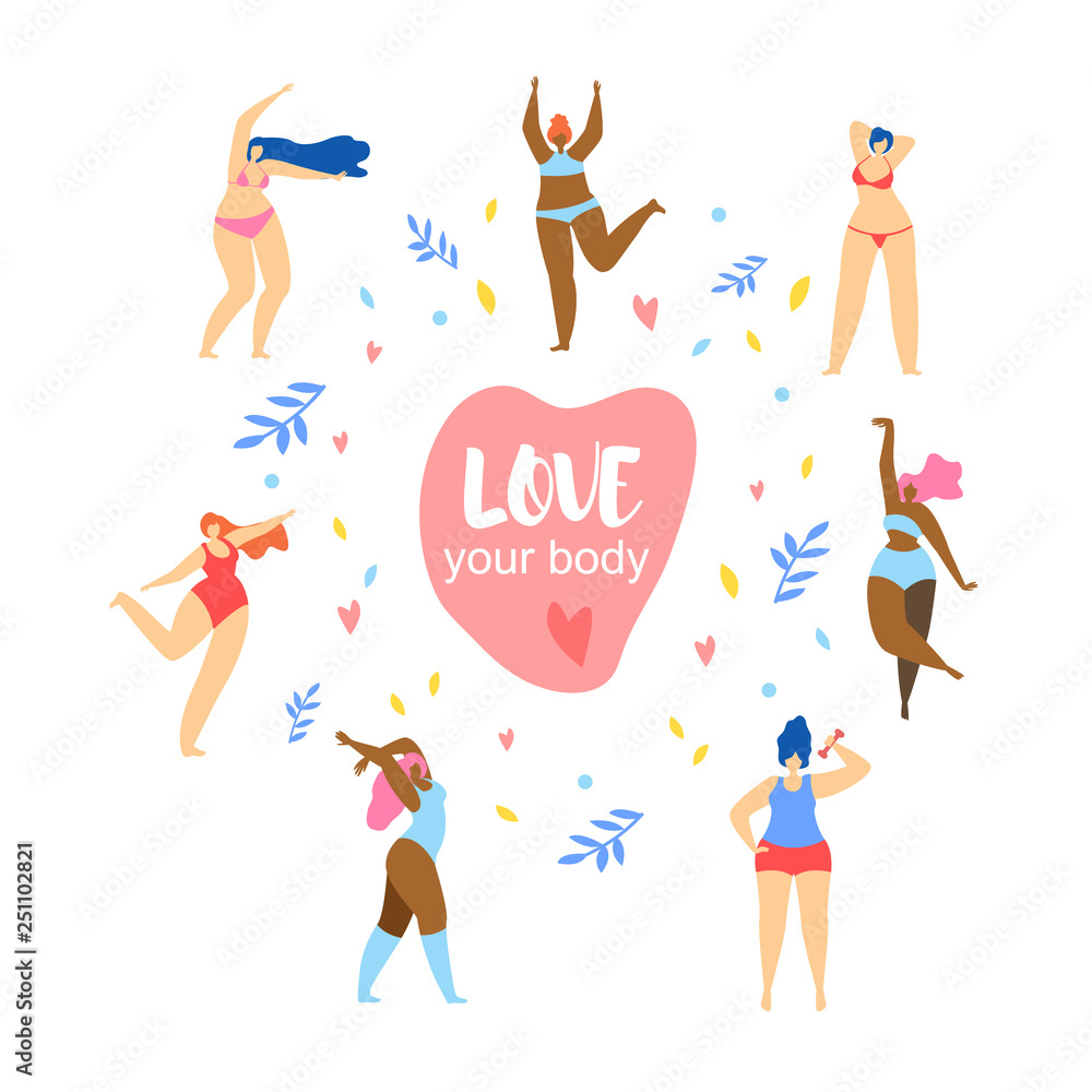 Love Your Body. Happy Women Dancing Around Heart Love Your Body. Happy Women Dancing Around Heart