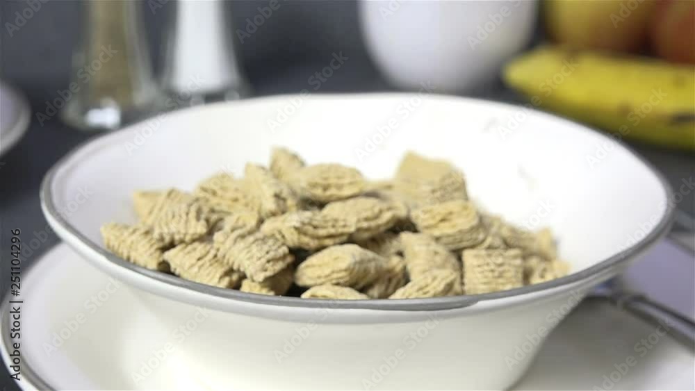 Pouring oat cereal into a bowl slow motion Pouring oat cereal into a bowl slow motion
