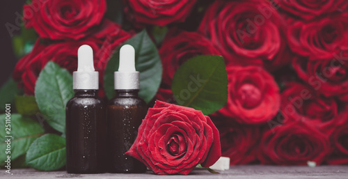 Rose oil, Bottles and fresh flower and leaves on a natural background, bio, organic , nature cosmetics concept