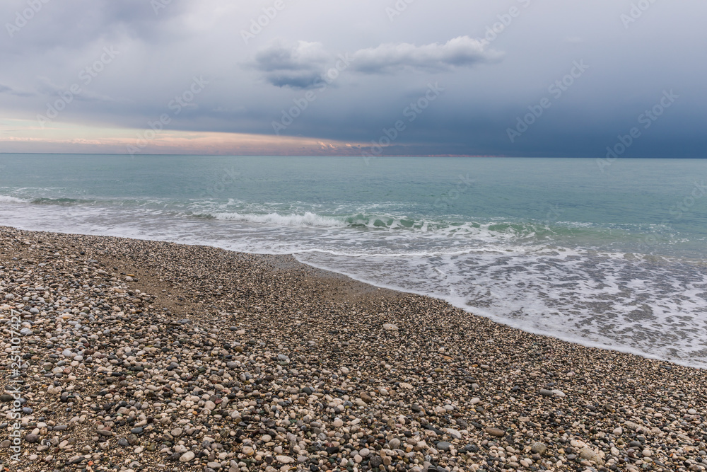 Mediterranean sea in cloudy weather in winter near Kemer, Turkey