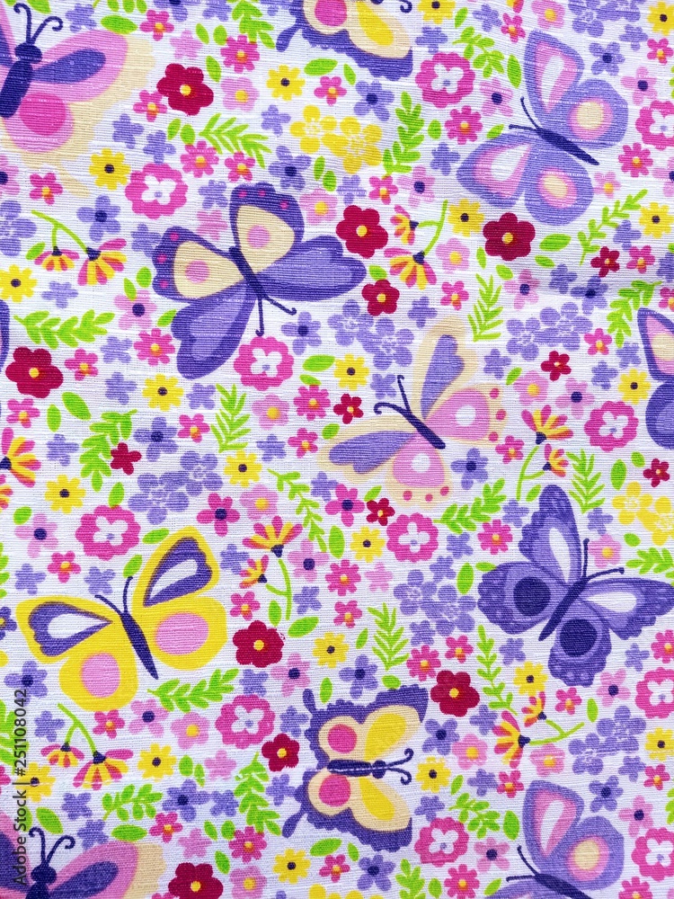 fotografia de tela con estampado de mariposas de colores Stock Photo |  Adobe Stock