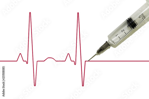 Euthanasia, drug addiction, schematic cardiogram of the pulse with a syringe stuck into it, after which death occurs