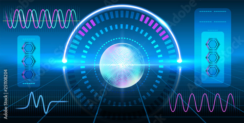Fantastic HUD display with infographics, electronic circuit, graphs and round diagram. Innovative technologies.