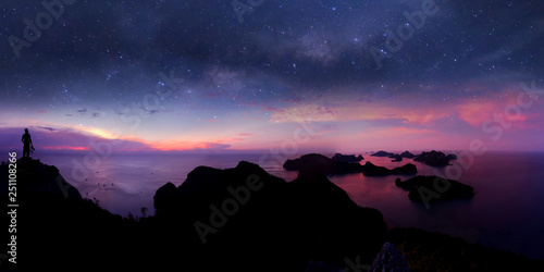 Man standing on the mountain with panorama view and million stars galaxy