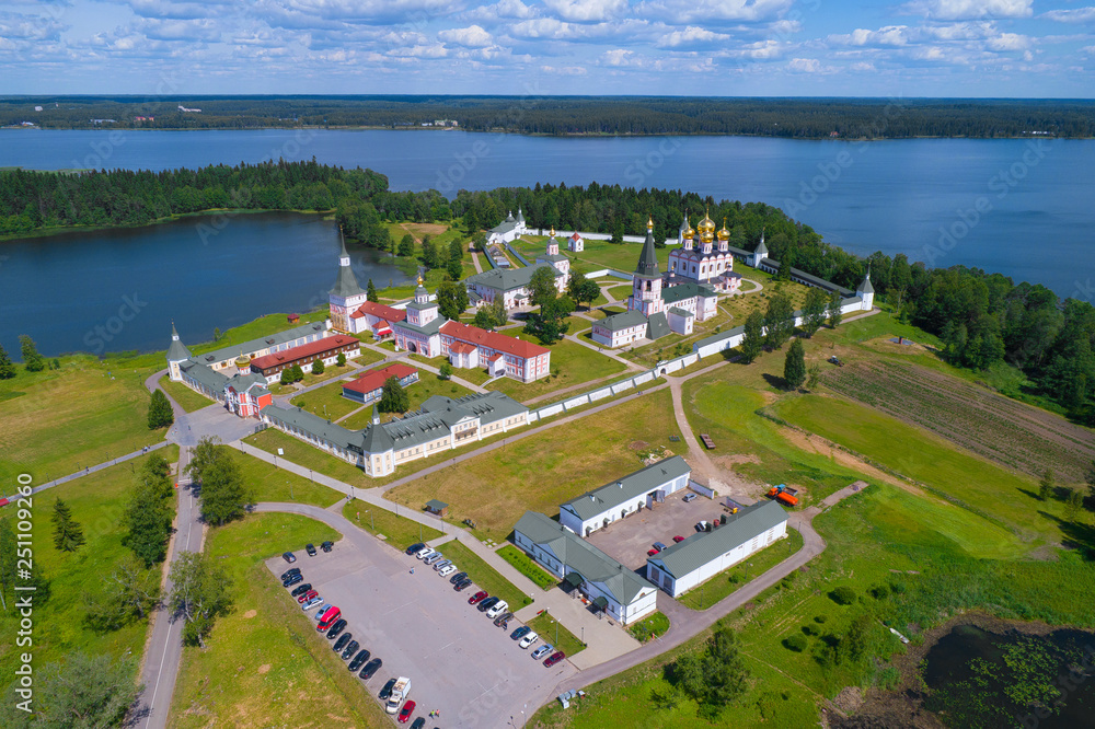 View of the Valdaisky Iversky Svyatoozersky Bogoroditsky Monastery on a sunny June day (shooting from a quadrocopter). Novgorod region, Russia