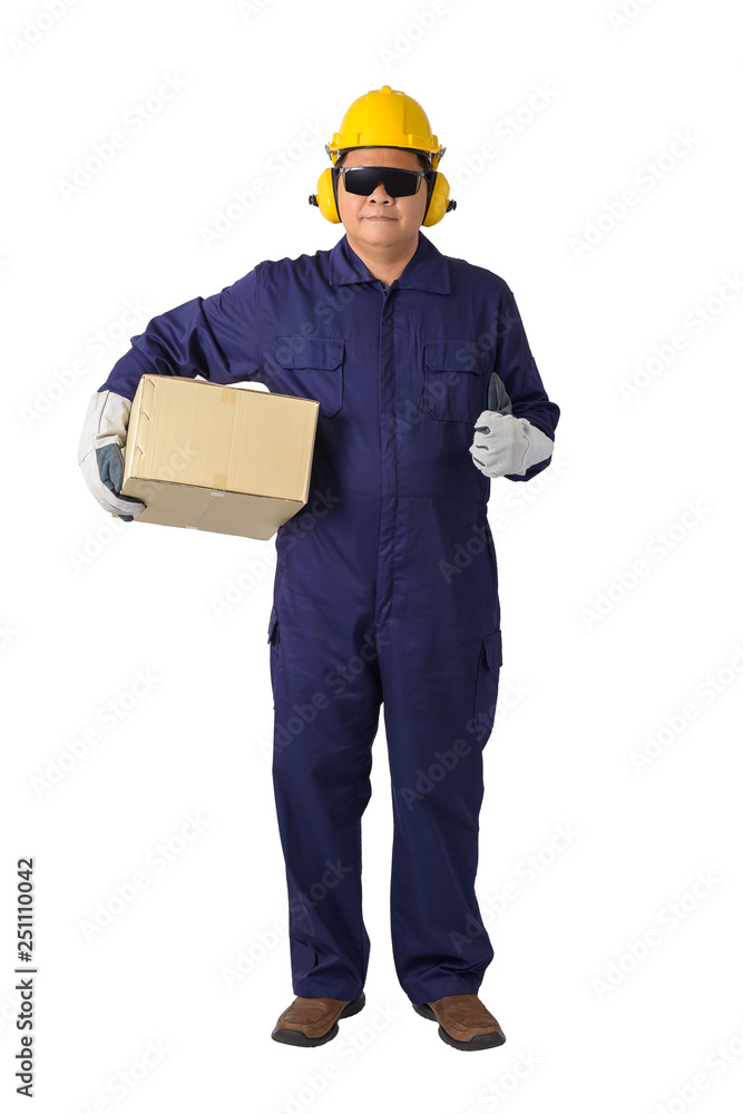 portrait of a worker in Mechanic Jumpsuit Was carrying a box isolated on white background portrait of a worker in Mechanic Jumpsuit Was carrying a box isolated on white background