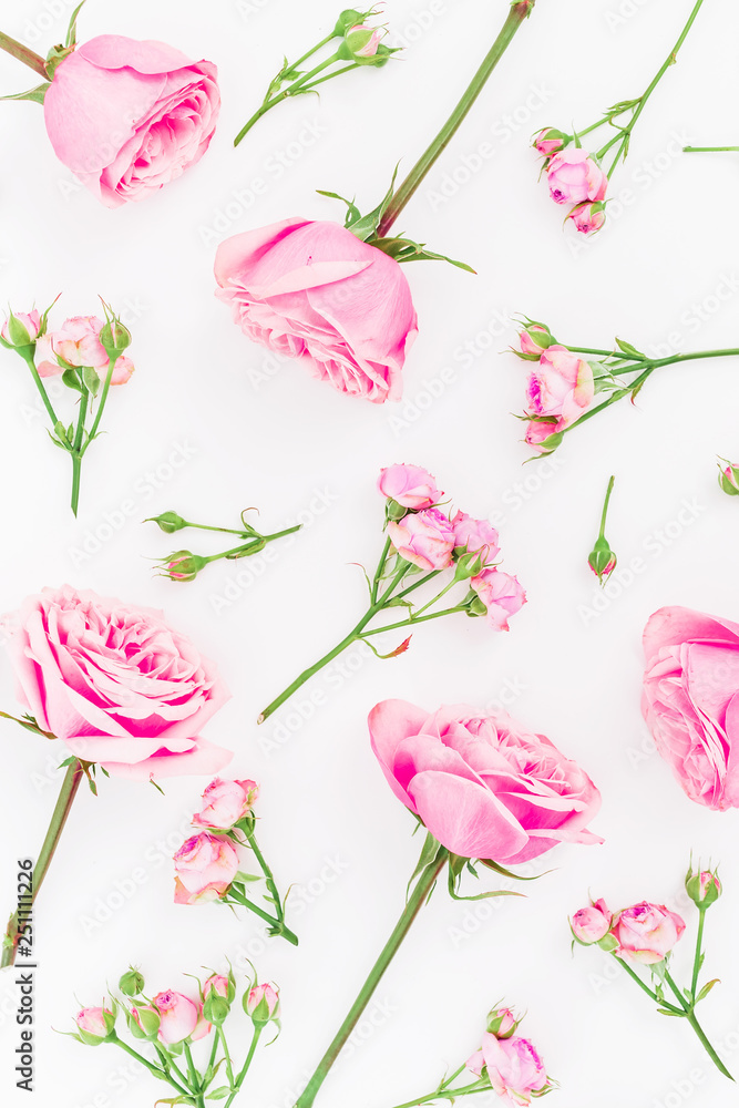 Floral pattern with roses flowers isolated on white background. Flat lay, top view. Valentines day concept