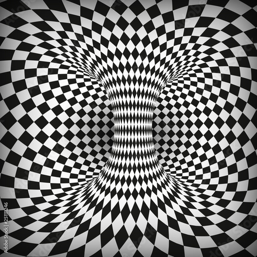 Geometric Square Black and White Optical Illusion. Abstract Wormhole Tunnel. Distort of space and time. Vector illustration